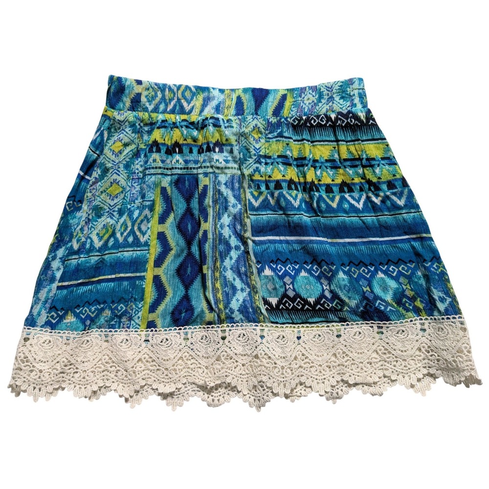 Copper Key Women Blue Aztec Geometric Mini Skirt Crochet Lace Trim Size S NEW